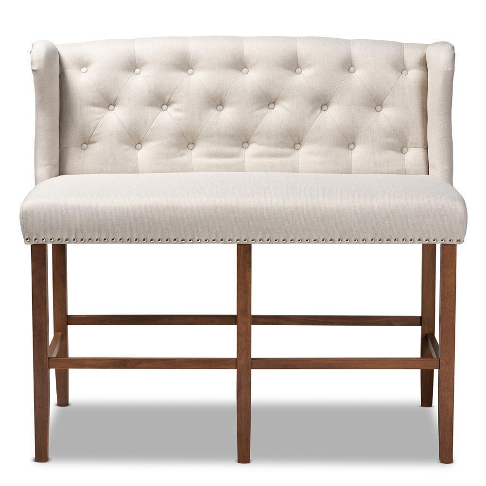 Alira Modern and Contemporary Beige Fabric Upholstered Walnut Finished Wood Button Tufted Bar Stool Bench FredCo