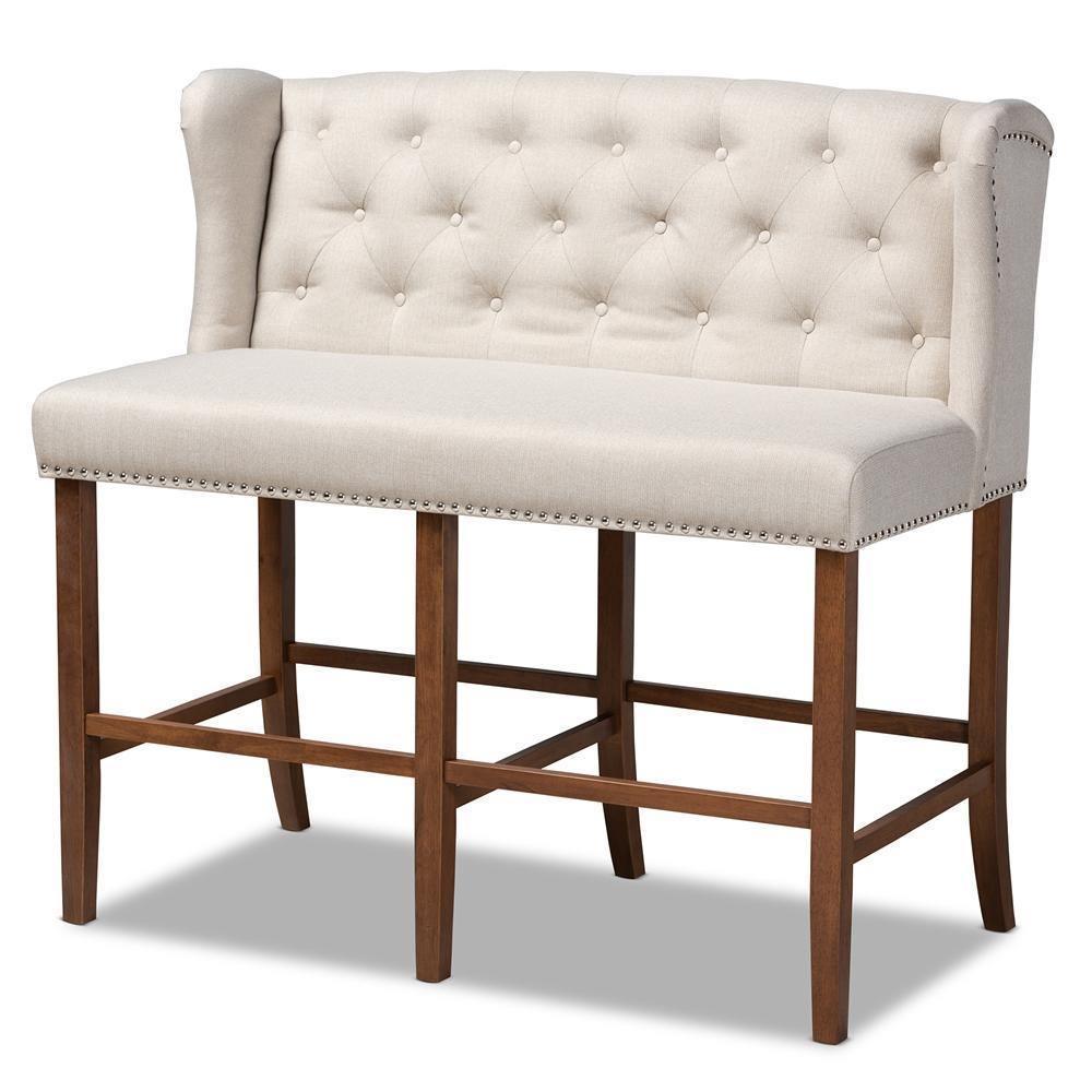 Alira Modern and Contemporary Beige Fabric Upholstered Walnut Finished Wood Button Tufted Bar Stool Bench FredCo