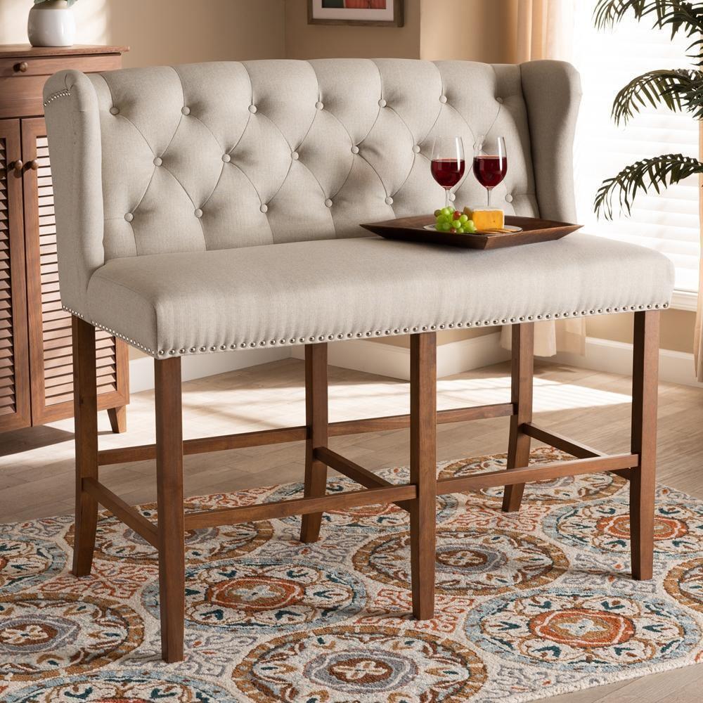 Alira Modern and Contemporary Beige Fabric Upholstered Walnut Finished Wood Button Tufted Bar Stool Bench FredCo
