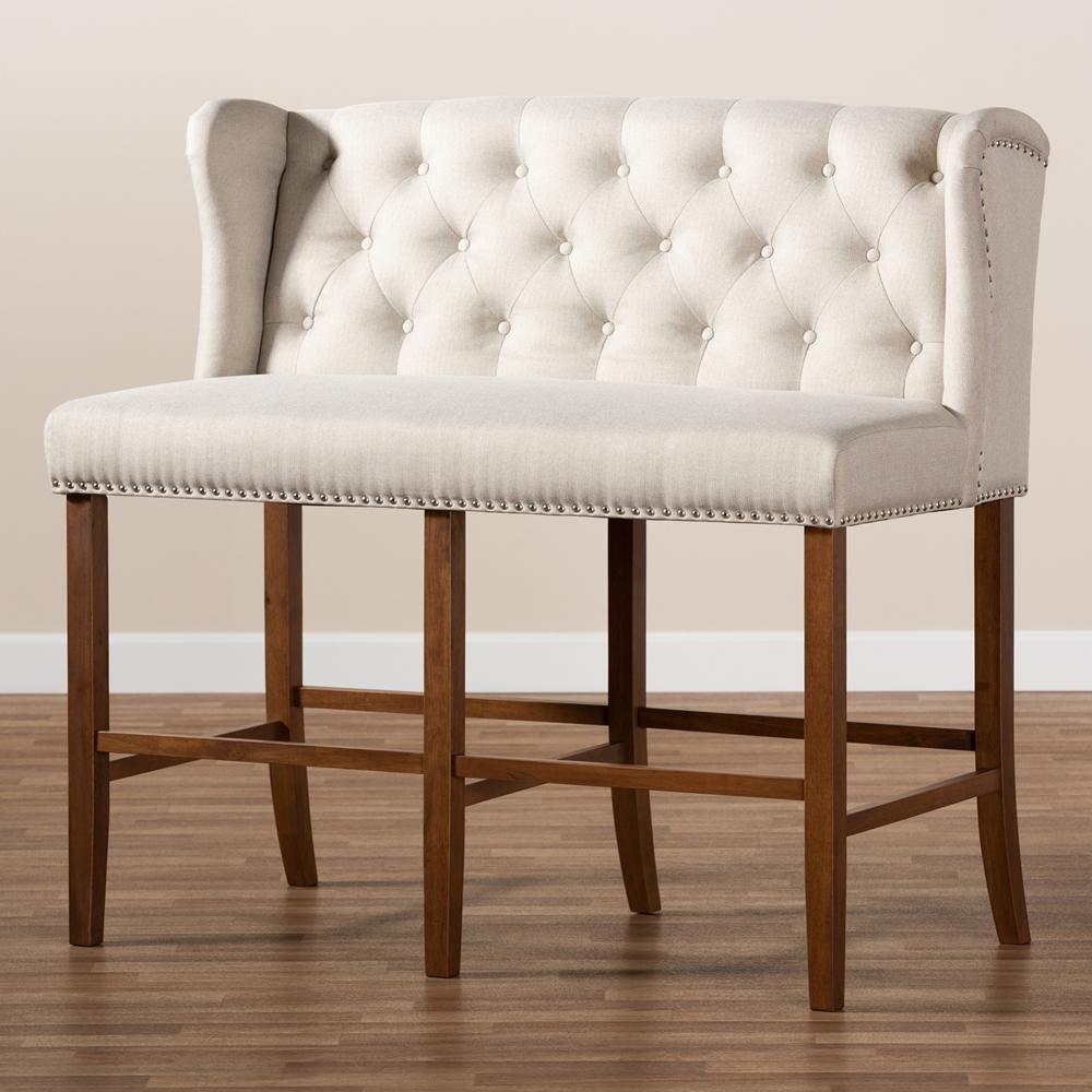 Alira Modern and Contemporary Beige Fabric Upholstered Walnut Finished Wood Button Tufted Bar Stool Bench FredCo