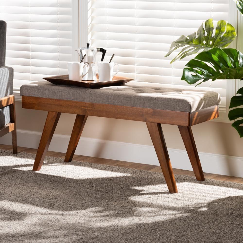 Alona Mid-Century Modern Light Grey Fabric Upholstered Wood Dining Bench FredCo