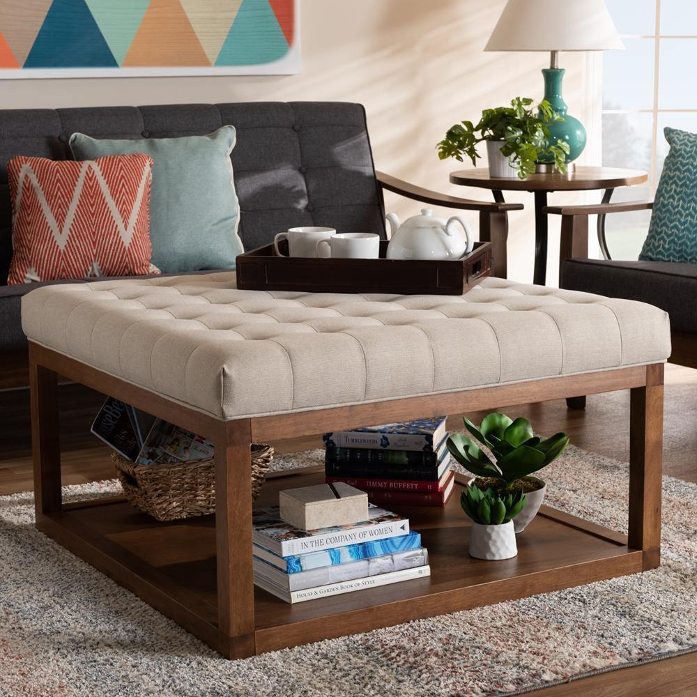 Alvere Modern and Contemporary Beige Fabric Upholstered Walnut Finished Cocktail Ottoman FredCo