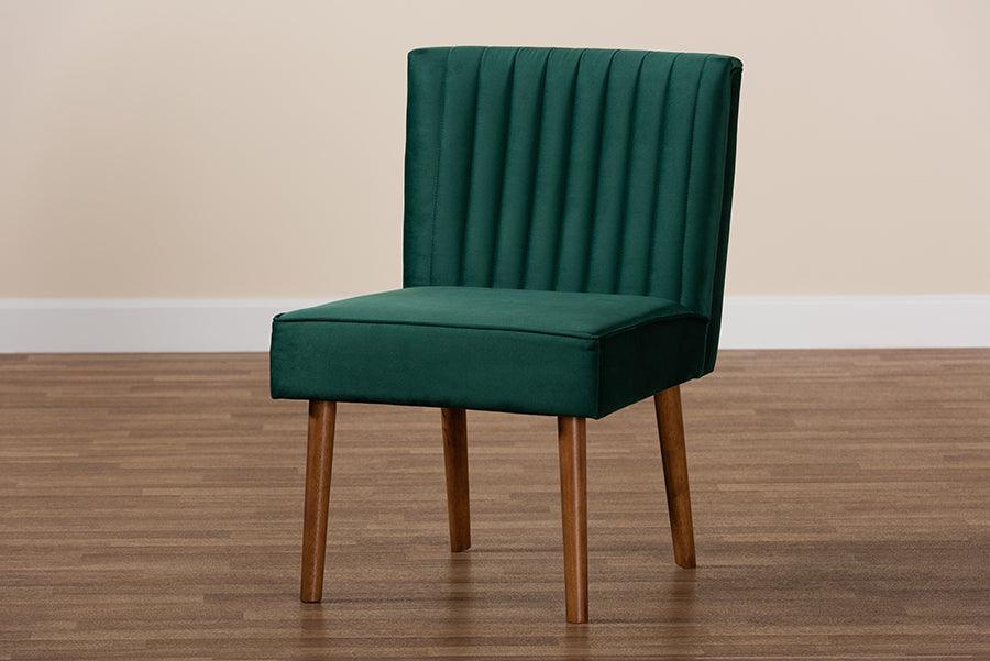 Alvis Mid-Century Modern Emerald Green Velvet Upholstered and Walnut Brown Finished Wood Dining Chair FredCo