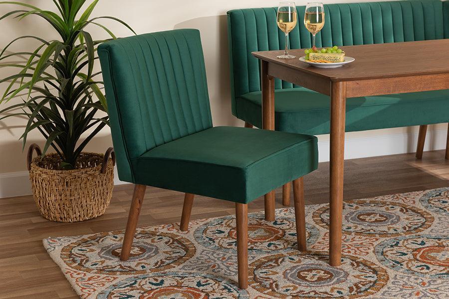 Alvis Mid-Century Modern Emerald Green Velvet Upholstered and Walnut Brown Finished Wood Dining Chair FredCo