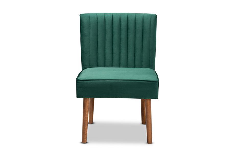 Alvis Mid-Century Modern Emerald Green Velvet Upholstered and Walnut Brown Finished Wood Dining Chair FredCo