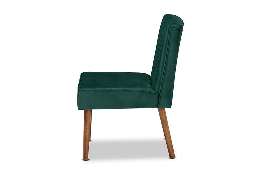 Alvis Mid-Century Modern Emerald Green Velvet Upholstered and Walnut Brown Finished Wood Dining Chair FredCo