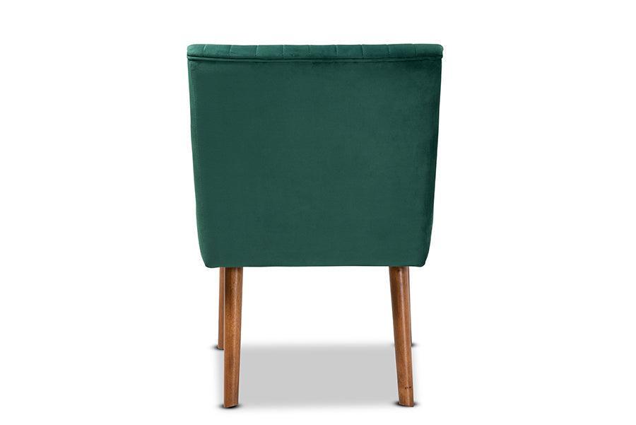 Alvis Mid-Century Modern Emerald Green Velvet Upholstered and Walnut Brown Finished Wood Dining Chair FredCo