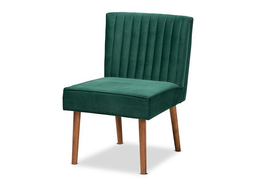 Alvis Mid-Century Modern Emerald Green Velvet Upholstered and Walnut Brown Finished Wood Dining Chair FredCo