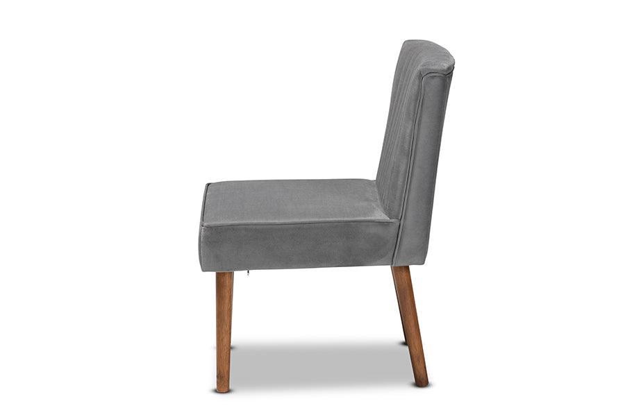 Alvis Mid-Century Modern Grey Velvet Upholstered and Walnut Brown Finished Wood Dining Chair FredCo