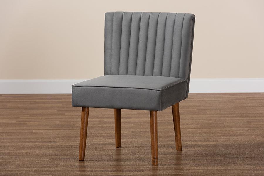 Alvis Mid-Century Modern Grey Velvet Upholstered and Walnut Brown Finished Wood Dining Chair FredCo