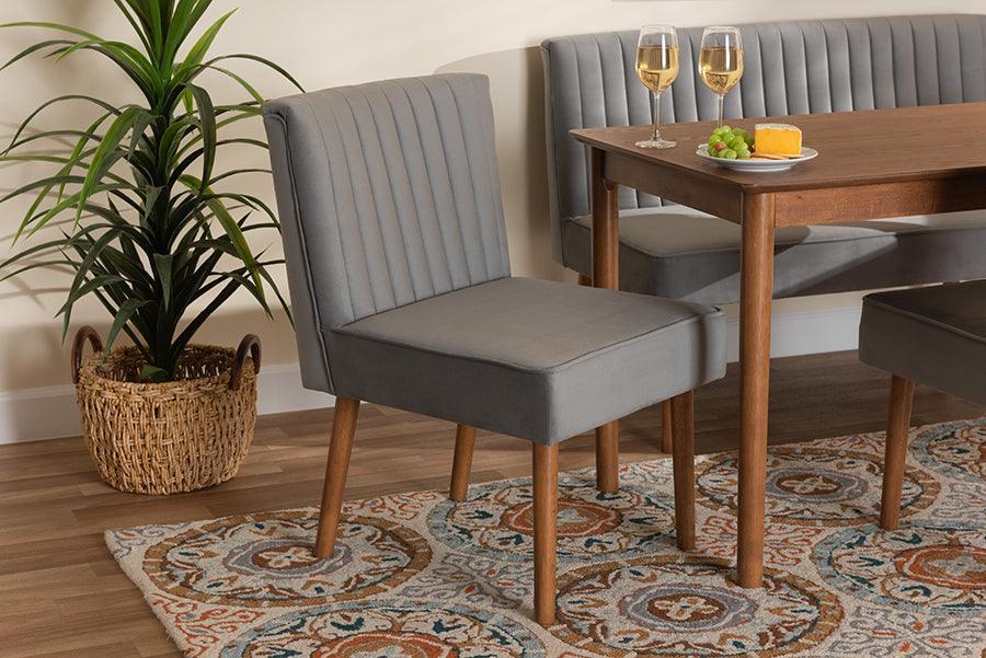 Alvis Mid-Century Modern Grey Velvet Upholstered and Walnut Brown Finished Wood Dining Chair FredCo