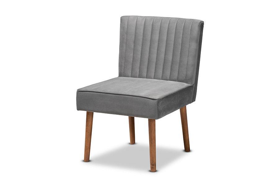 Alvis Mid-Century Modern Grey Velvet Upholstered and Walnut Brown Finished Wood Dining Chair FredCo