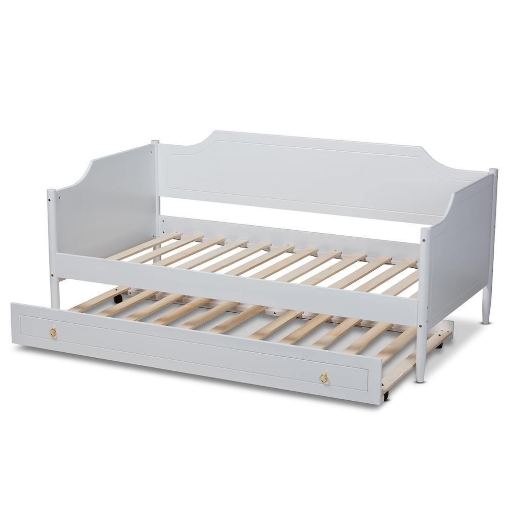 Alya Classic Traditional Farmhouse White Finished Wood Twin Size Daybed with Roll-Out Trundle Bed FredCo