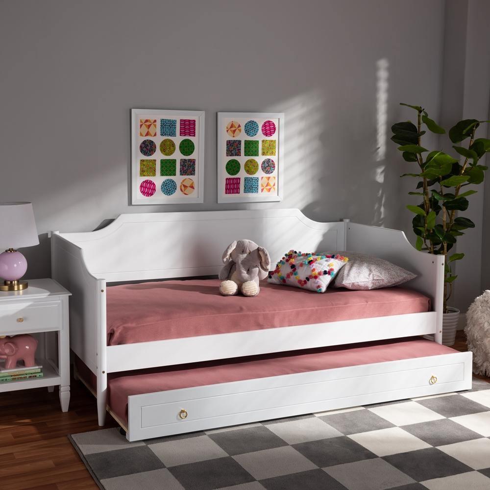 Alya Classic Traditional Farmhouse White Finished Wood Twin Size Daybed with Roll-Out Trundle Bed FredCo