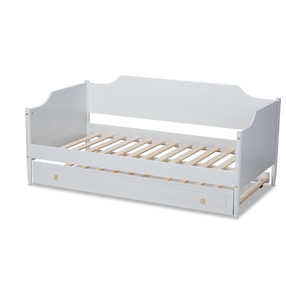 Alya Classic Traditional Farmhouse White Finished Wood Twin Size Daybed with Roll-Out Trundle Bed FredCo