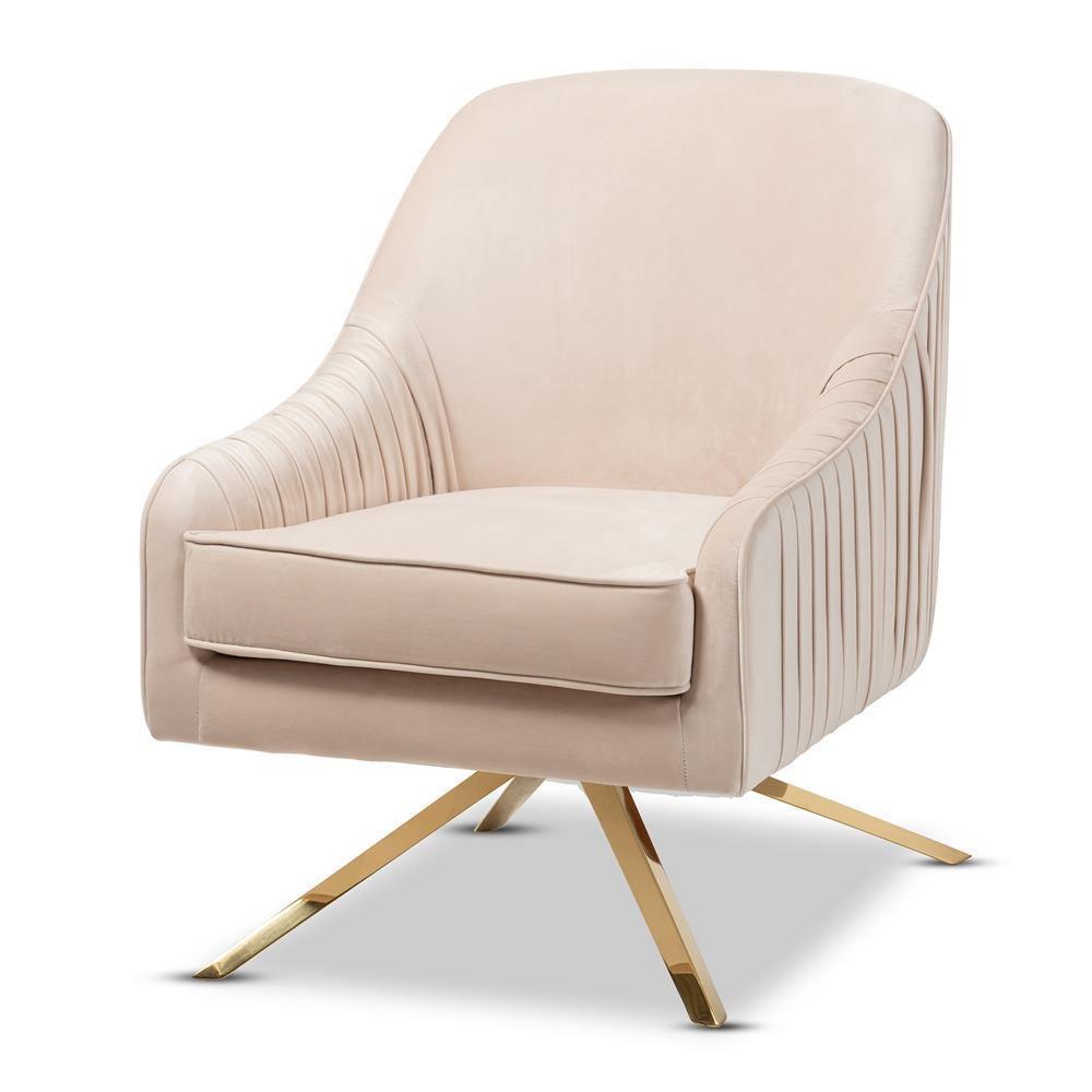 Amaya Luxe and Glamour Light Beige Velvet Fabric Upholstered Gold Finished Base Lounge Chair FredCo
