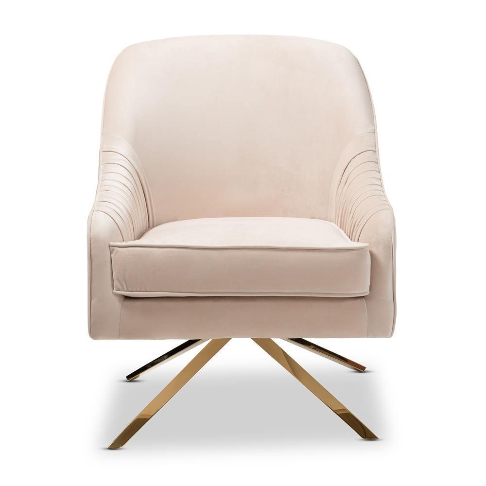Amaya Luxe and Glamour Light Beige Velvet Fabric Upholstered Gold Finished Base Lounge Chair FredCo