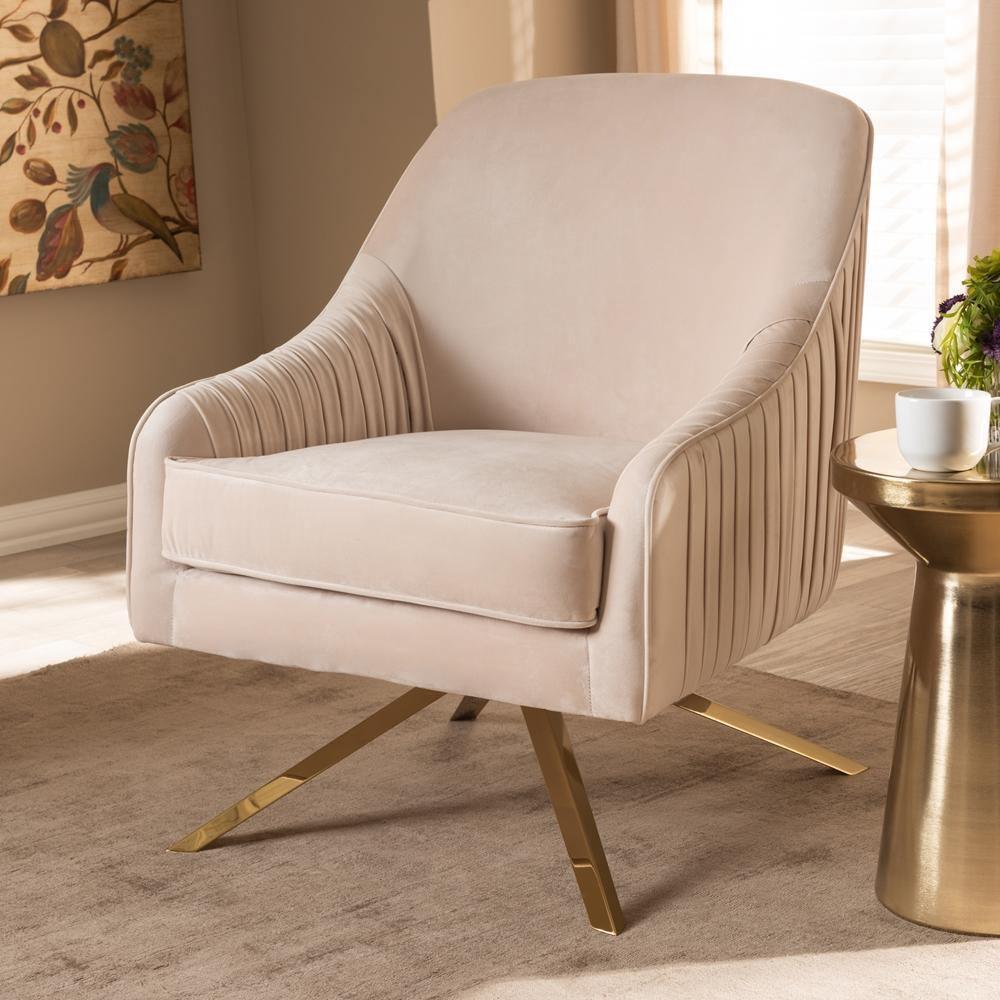 Amaya Luxe and Glamour Light Beige Velvet Fabric Upholstered Gold Finished Base Lounge Chair FredCo