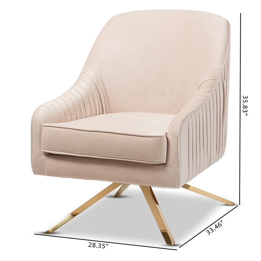 Amaya Luxe and Glamour Light Beige Velvet Fabric Upholstered Gold Finished Base Lounge Chair FredCo