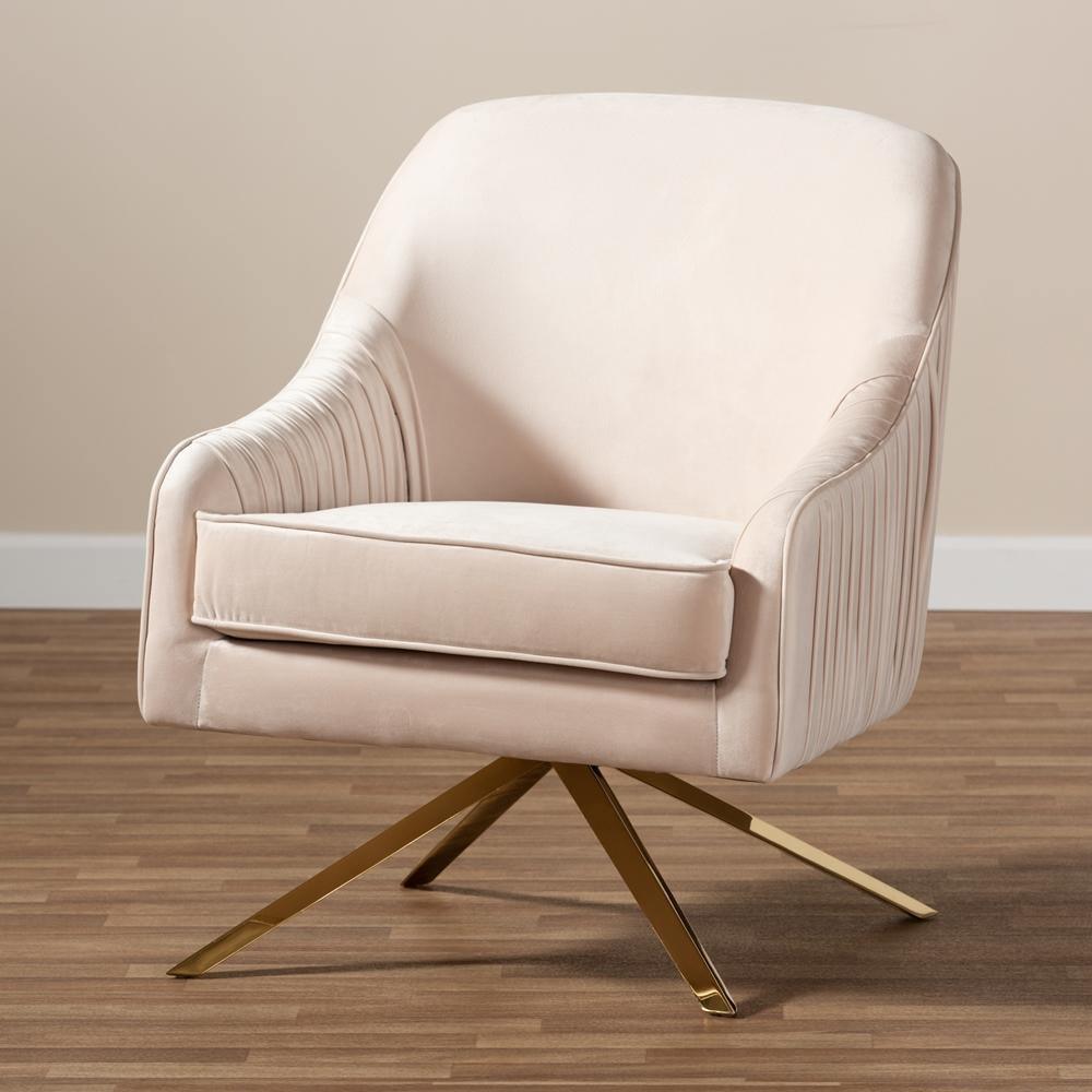 Amaya Luxe and Glamour Light Beige Velvet Fabric Upholstered Gold Finished Base Lounge Chair FredCo