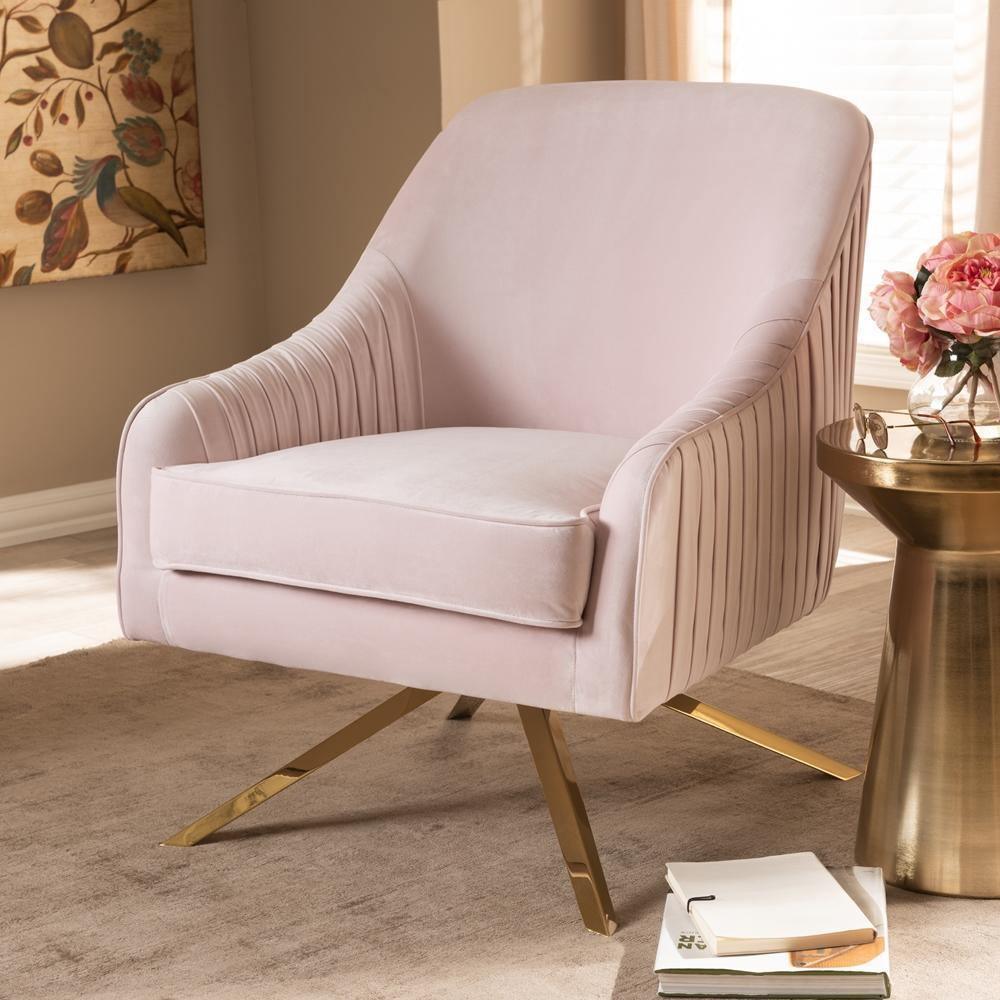 Amaya Luxe and Glamour Light Pink Velvet Fabric Upholstered Gold Finished Base Lounge Chair FredCo