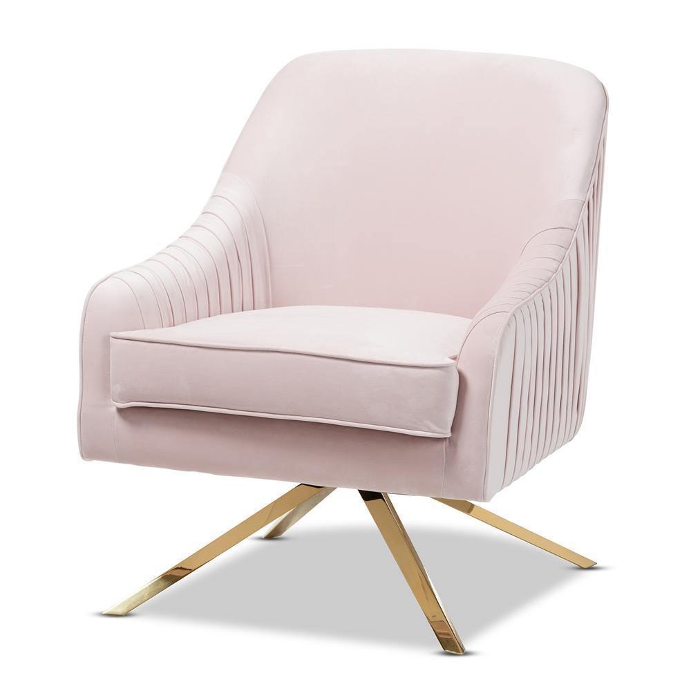 Amaya Luxe and Glamour Light Pink Velvet Fabric Upholstered Gold Finished Base Lounge Chair FredCo
