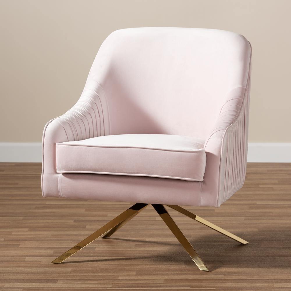 Amaya Luxe and Glamour Light Pink Velvet Fabric Upholstered Gold Finished Base Lounge Chair FredCo