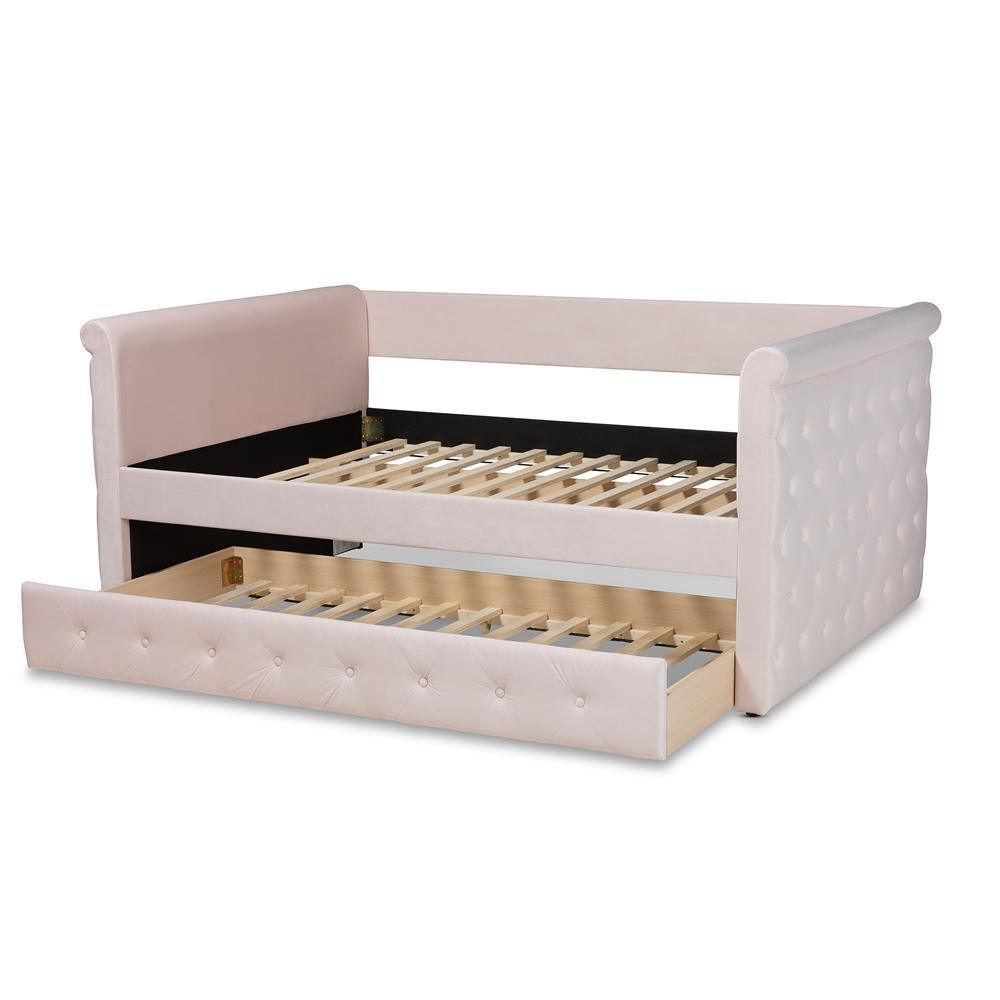 Amaya Modern and Contemporary Light Pink Velvet Fabric Upholstered Full Size Daybed with Trundle FredCo