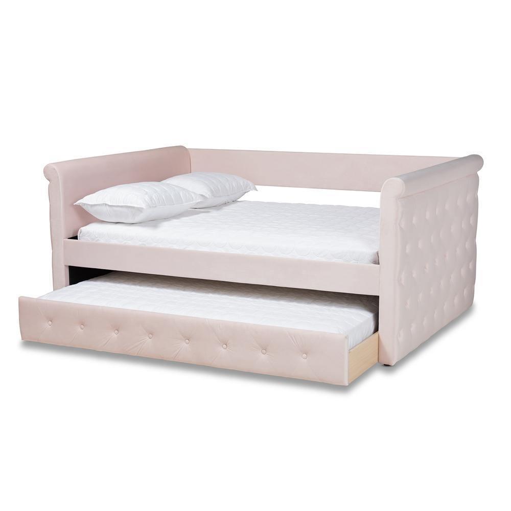 Amaya Modern and Contemporary Light Pink Velvet Fabric Upholstered Full Size Daybed with Trundle FredCo