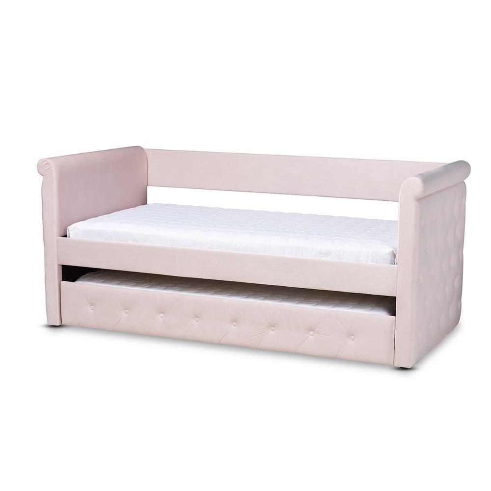Amaya Modern and Contemporary Light Pink Velvet Fabric Upholstered Twin Size Daybed with Trundle FredCo