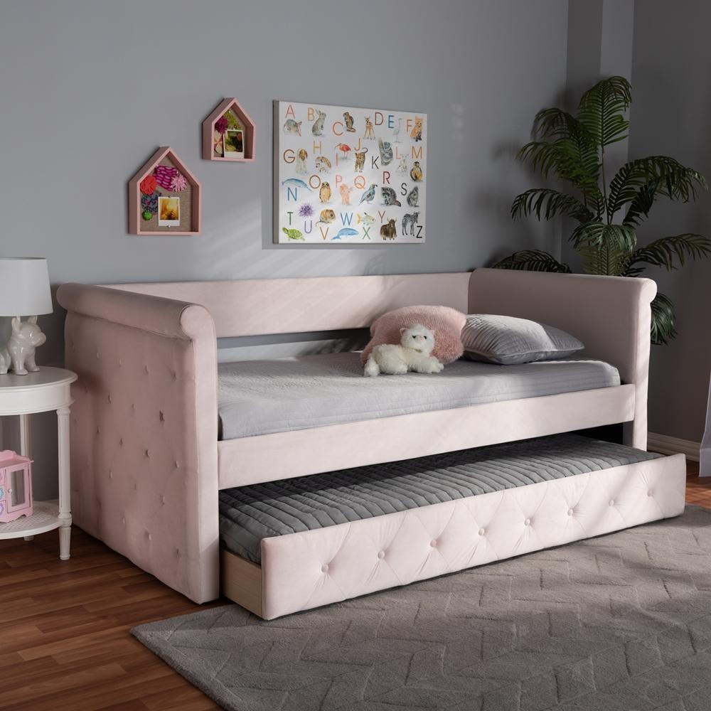 Amaya Modern and Contemporary Light Pink Velvet Fabric Upholstered Twin Size Daybed with Trundle FredCo