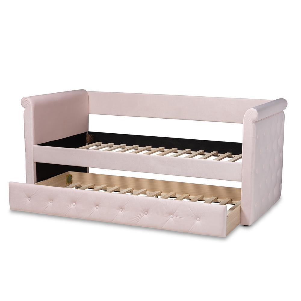 Amaya Modern and Contemporary Light Pink Velvet Fabric Upholstered Twin Size Daybed with Trundle FredCo