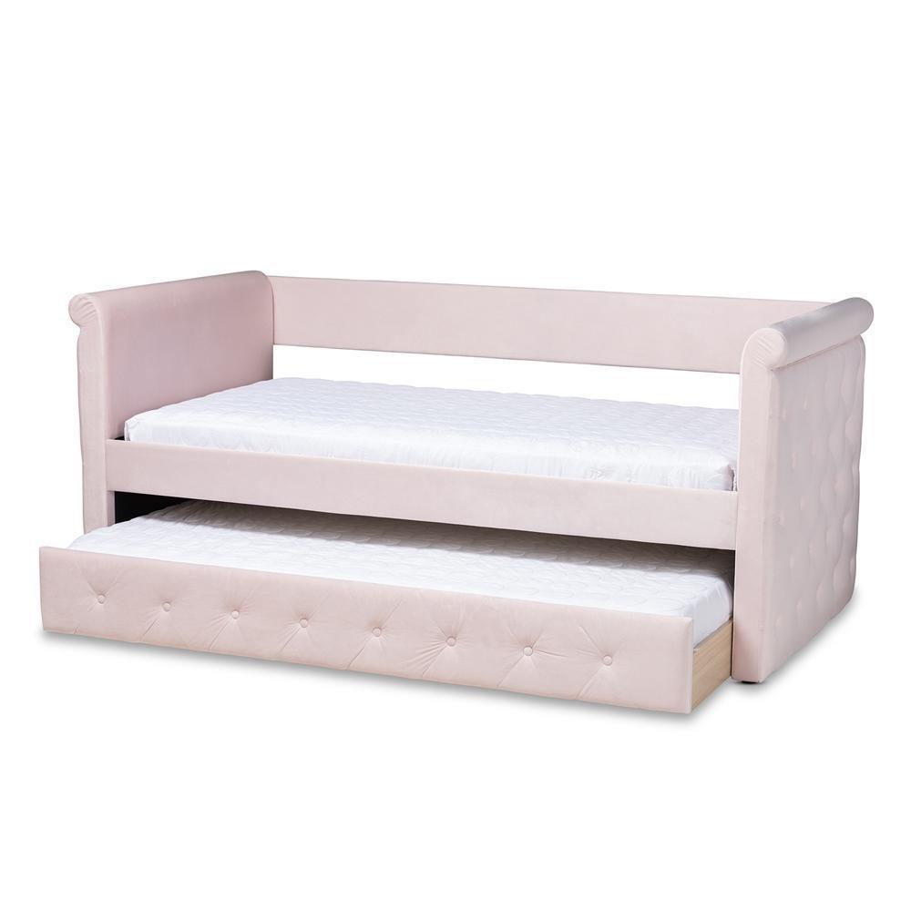 Amaya Modern and Contemporary Light Pink Velvet Fabric Upholstered Twin Size Daybed with Trundle FredCo