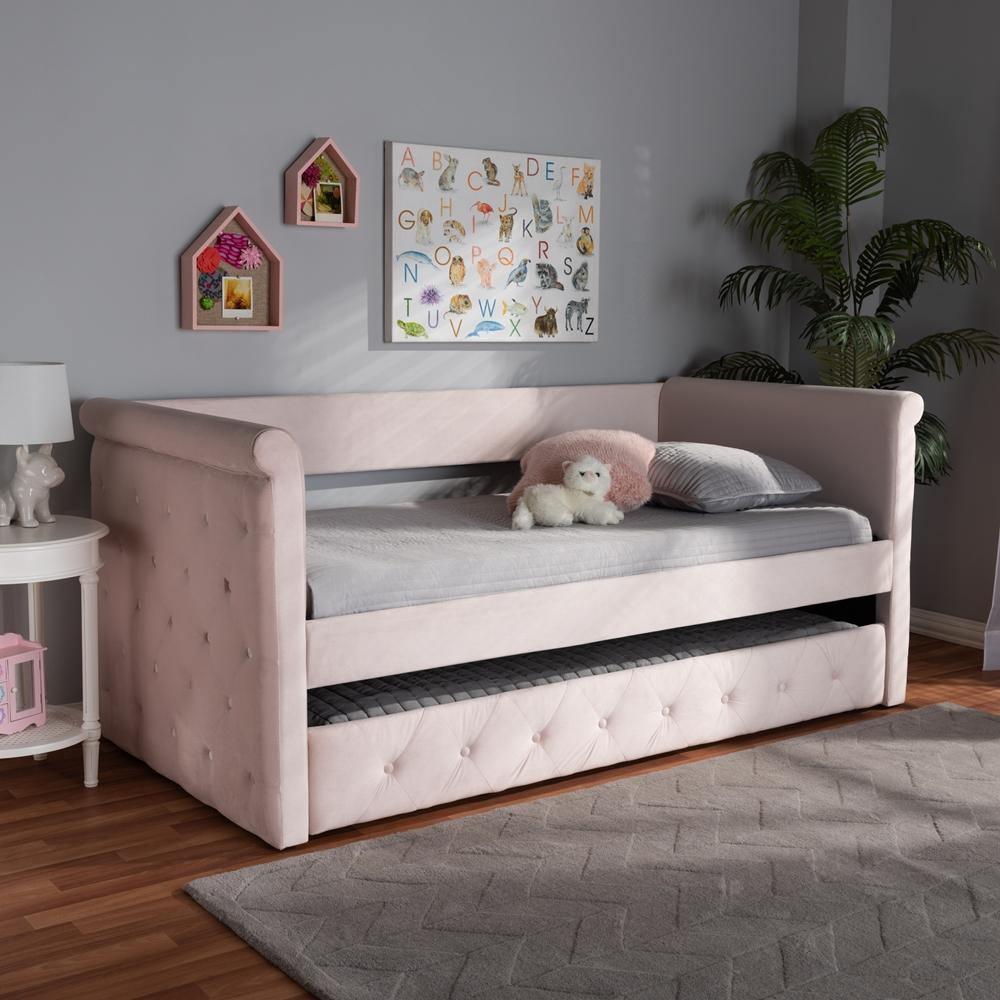 Amaya Modern and Contemporary Light Pink Velvet Fabric Upholstered Twin Size Daybed with Trundle FredCo