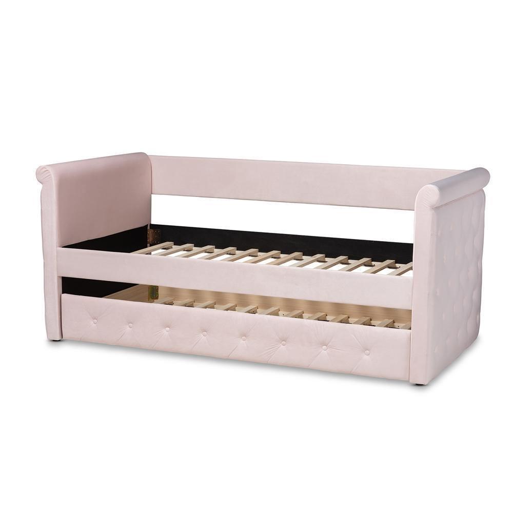 Amaya Modern and Contemporary Light Pink Velvet Fabric Upholstered Twin Size Daybed with Trundle FredCo