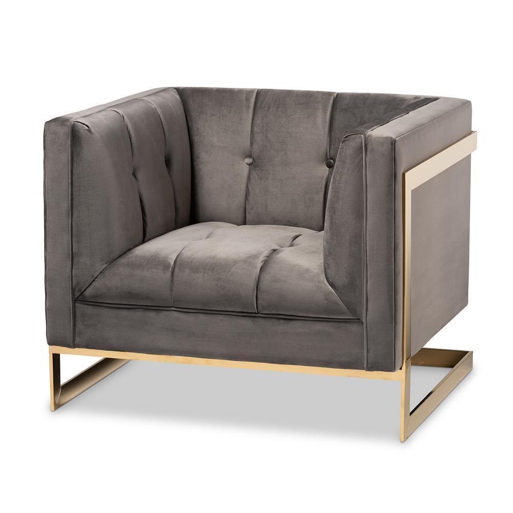 Ambra Glam and Luxe Grey Velvet Fabric Upholstered and Button Tufted Armchair with Gold-Tone Frame FredCo
