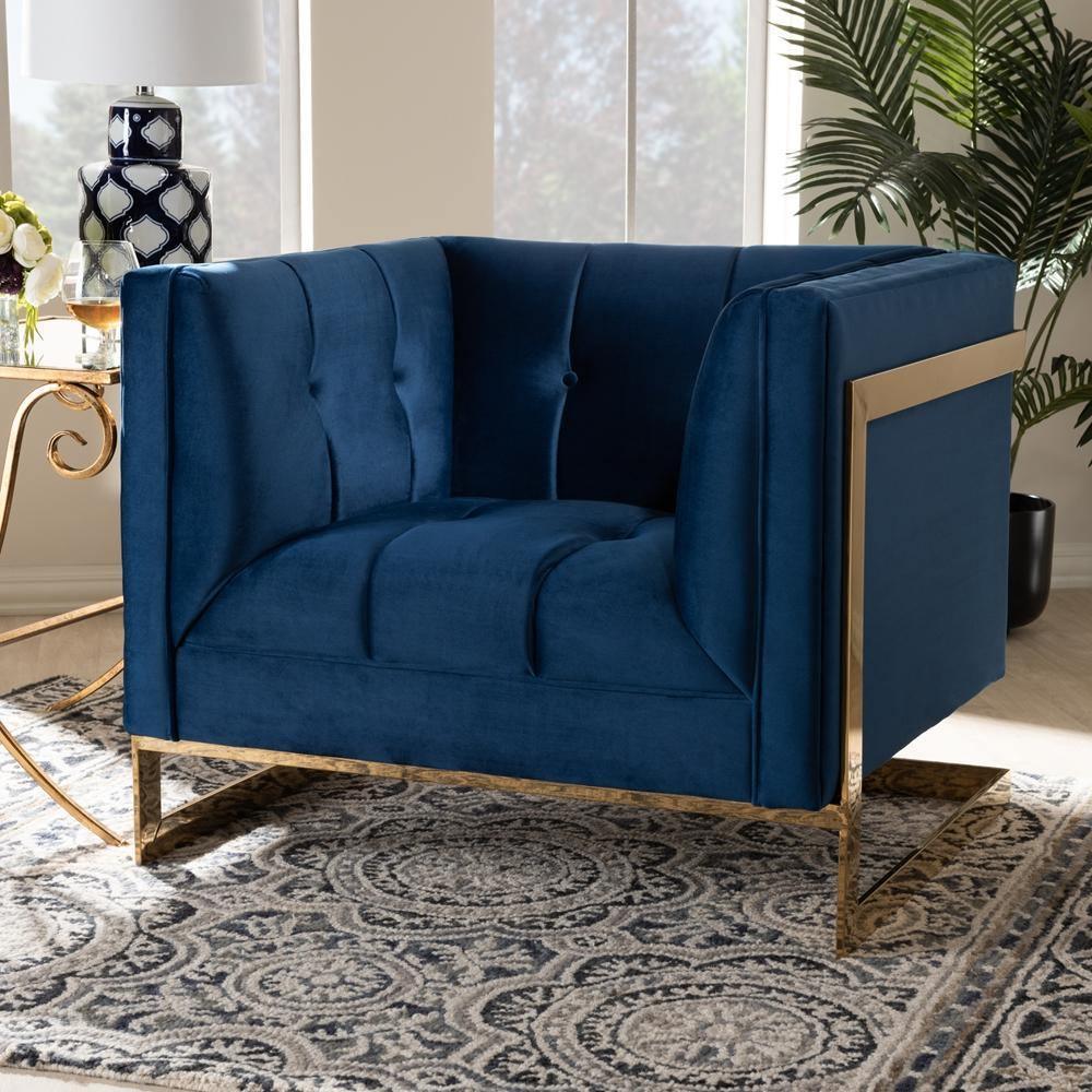 Ambra Glam and Luxe Navy Blue Velvet Fabric Upholstered and Button Tufted Armchair with Gold-Tone Frame FredCo