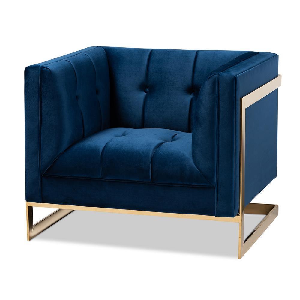 Ambra Glam and Luxe Navy Blue Velvet Fabric Upholstered and Button Tufted Armchair with Gold-Tone Frame FredCo