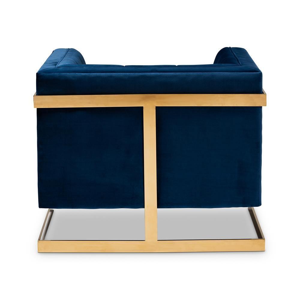 Ambra Glam and Luxe Navy Blue Velvet Fabric Upholstered and Button Tufted Armchair with Gold-Tone Frame FredCo