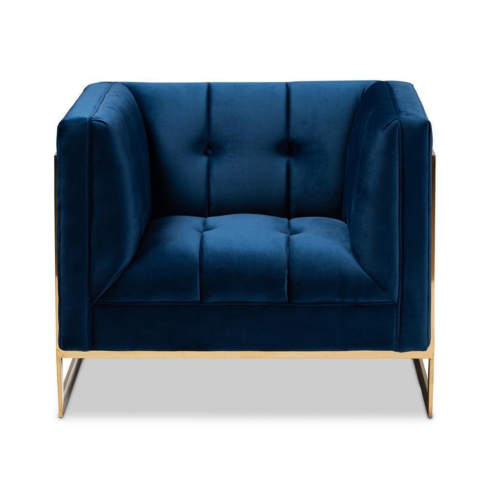 Ambra Glam and Luxe Navy Blue Velvet Fabric Upholstered and Button Tufted Armchair with Gold-Tone Frame FredCo