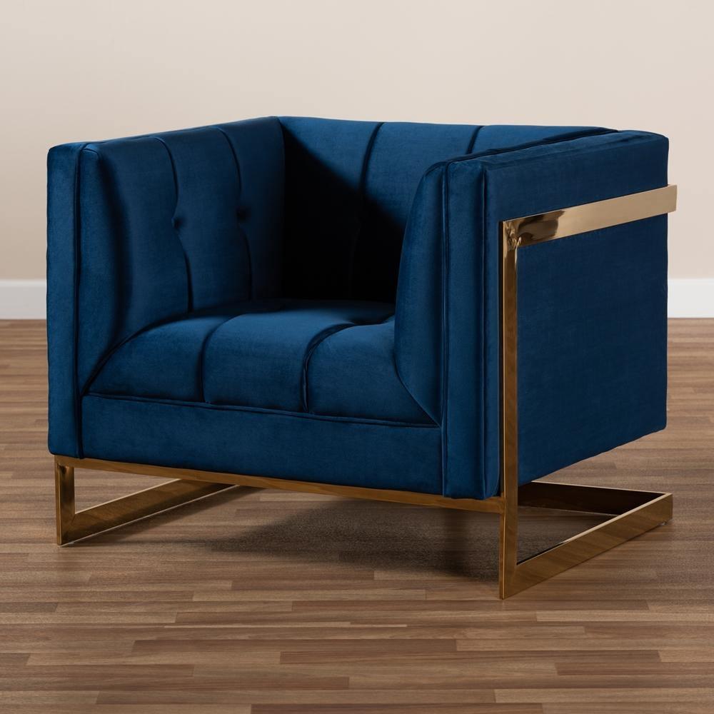 Ambra Glam and Luxe Navy Blue Velvet Fabric Upholstered and Button Tufted Armchair with Gold-Tone Frame FredCo