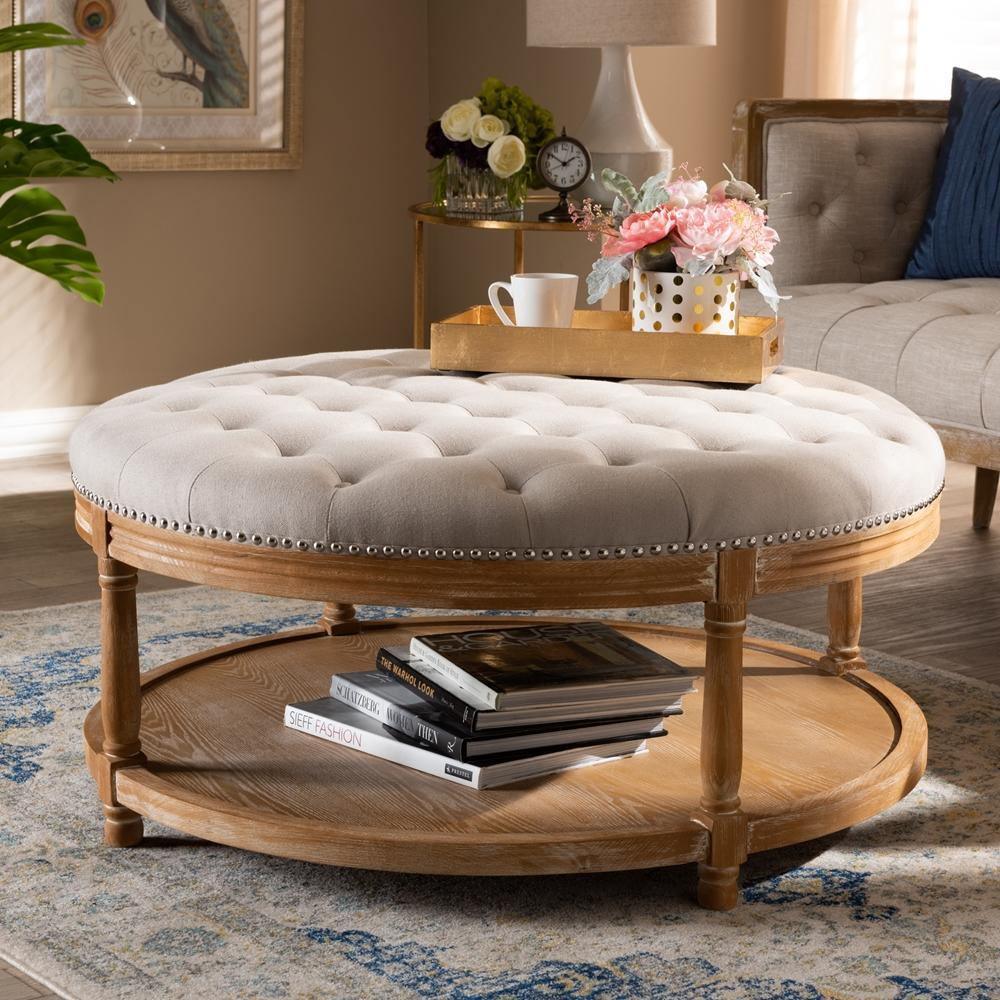 Ambroise French Provincial Beige Linen Fabric Upholstered and White-Washed Oak Wood Button-Tufted Cocktail Ottoman with Shelf FredCo