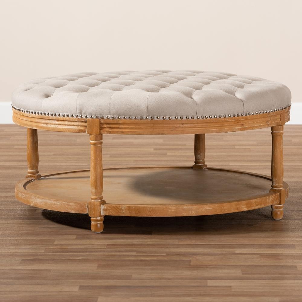 Ambroise French Provincial Beige Linen Fabric Upholstered and White-Washed Oak Wood Button-Tufted Cocktail Ottoman with Shelf FredCo