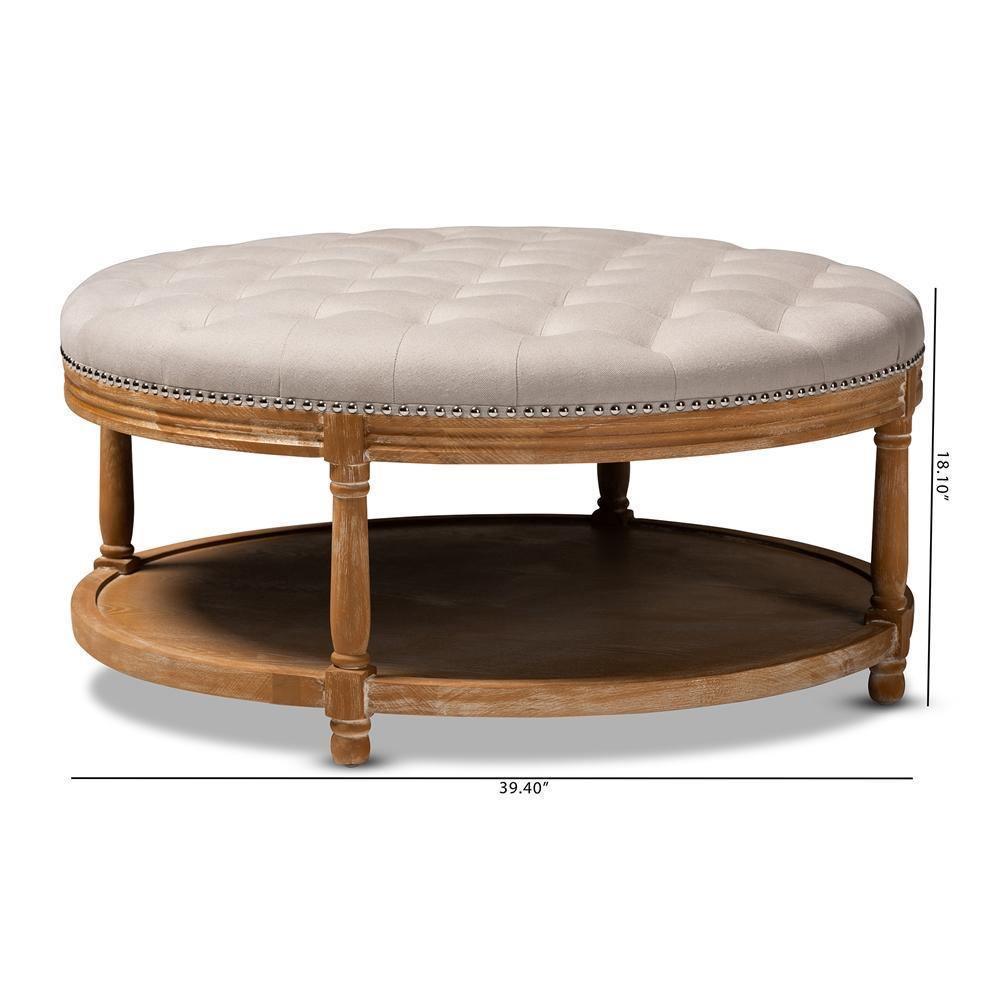 Ambroise French Provincial Beige Linen Fabric Upholstered and White-Washed Oak Wood Button-Tufted Cocktail Ottoman with Shelf FredCo