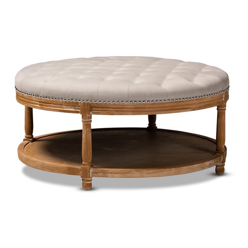 Ambroise French Provincial Beige Linen Fabric Upholstered and White-Washed Oak Wood Button-Tufted Cocktail Ottoman with Shelf FredCo