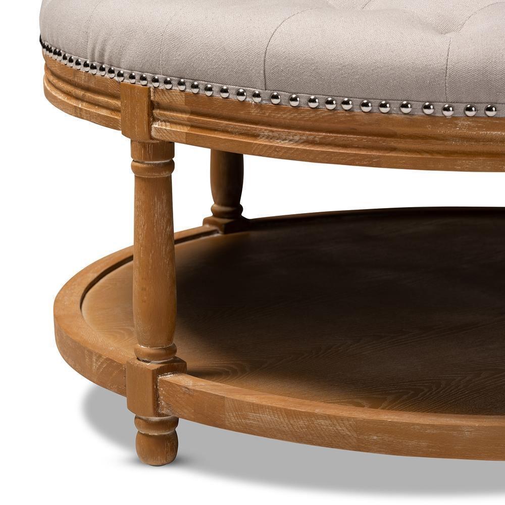 Ambroise French Provincial Beige Linen Fabric Upholstered and White-Washed Oak Wood Button-Tufted Cocktail Ottoman with Shelf FredCo