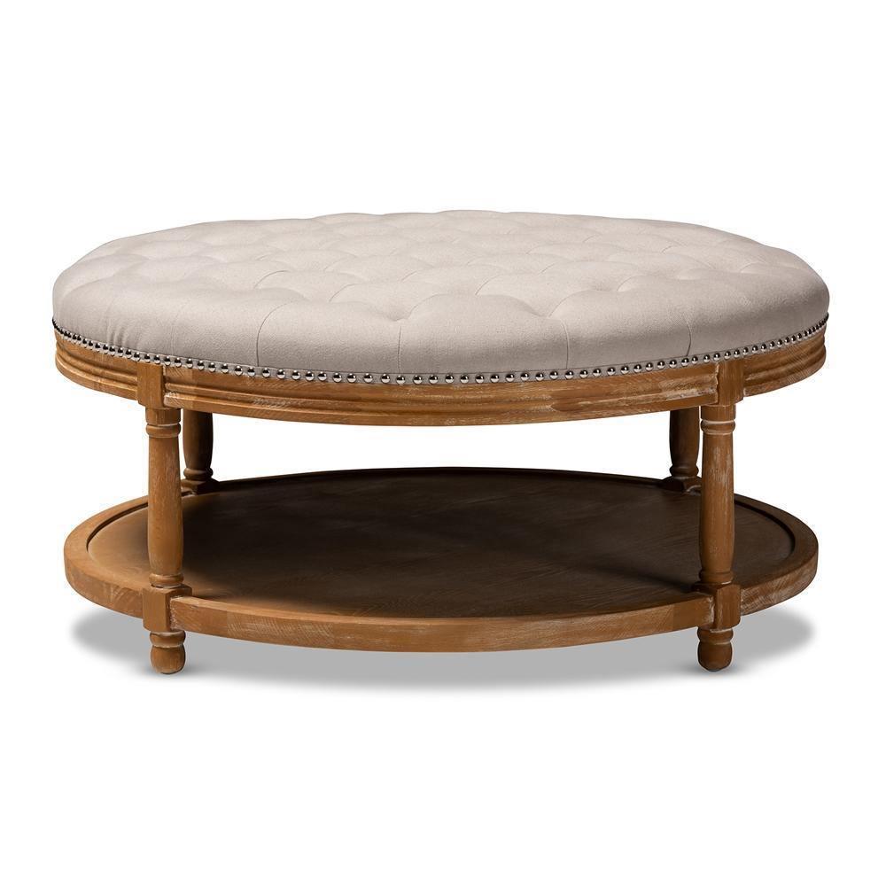 Ambroise French Provincial Beige Linen Fabric Upholstered and White-Washed Oak Wood Button-Tufted Cocktail Ottoman with Shelf FredCo