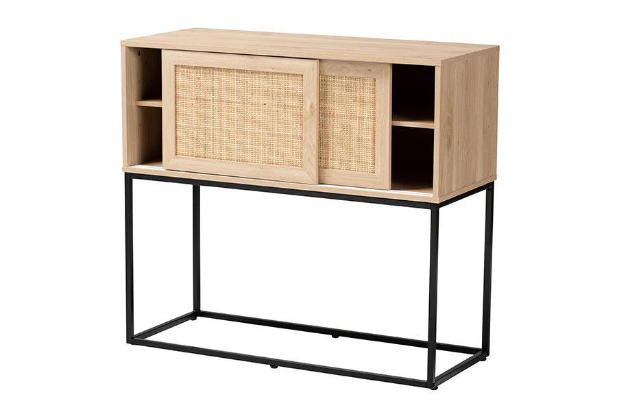 Amelia Mid-Century Modern Transitional Natural Brown Finished Wood and Natural Rattan Sideboard Buffet FredCo