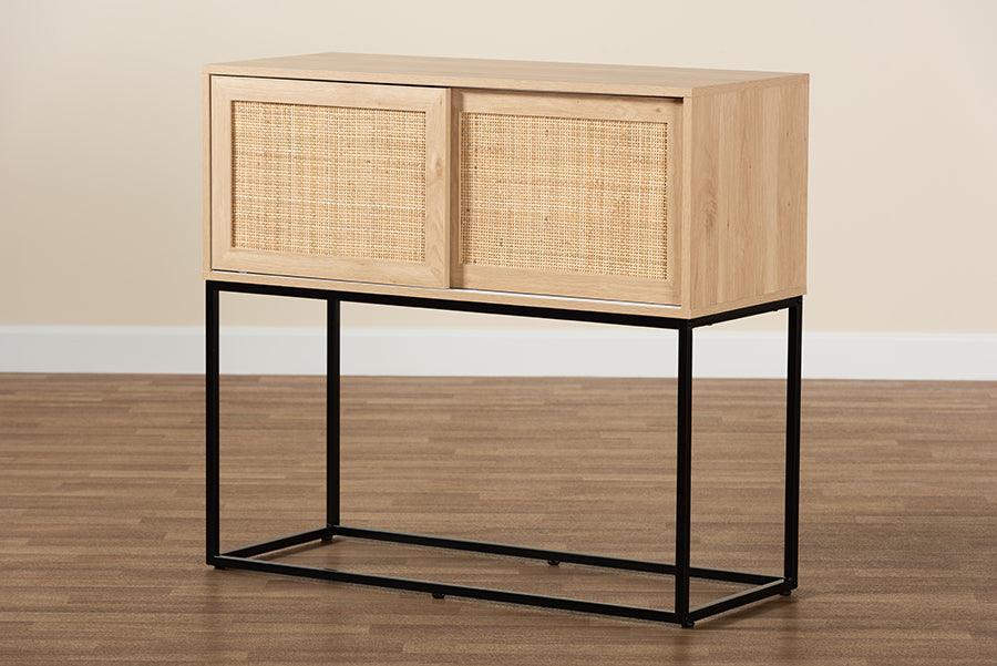Amelia Mid-Century Modern Transitional Natural Brown Finished Wood and Natural Rattan Sideboard Buffet FredCo