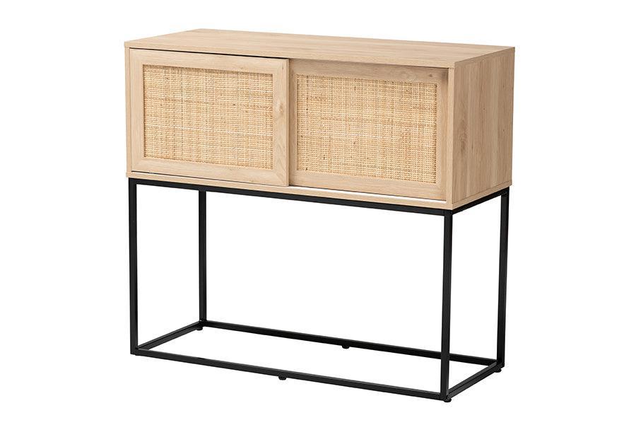 Amelia Mid-Century Modern Transitional Natural Brown Finished Wood and Natural Rattan Sideboard Buffet FredCo